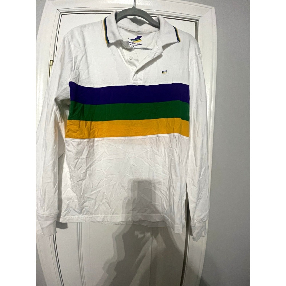 Mardi Gras Creations Men's S Regular White Striped Long Sleeve Button Polo